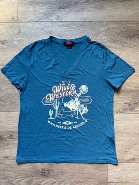 Rock & Roll Cowgirl Blue V-Neck Graphic Tee - Wild & Western